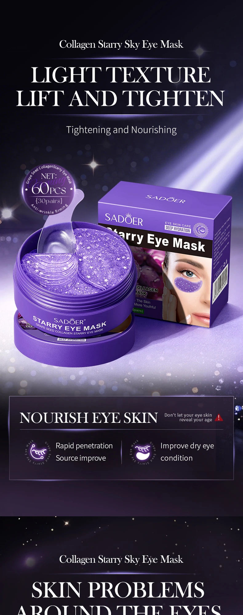 60 Patchs Yeux Collagène & Acide Hyaluronique — Masque Anti-Cernes et Poches, Extraits de Raisin Anti-Âge, Hydratant Soin Contour Yeux SOMUX.SHOP