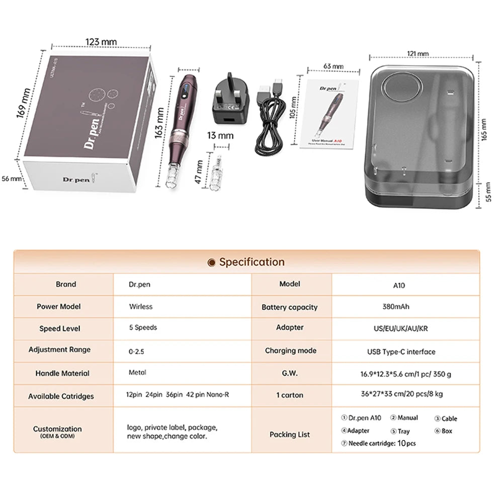 Original Dr Pen A10 micro-aiguilles sans fil Derma stylo équipement de beauté du visage avec 10 pièces cartouche d'aiguille ondulée pour Salon usage domestique SOMUX.SHOP